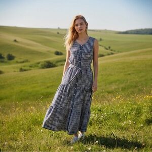 Max Studio Navy and White Button-Down Maxi Dress